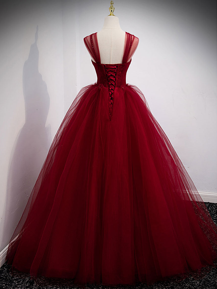 Burgundy Sweetheart Tulle Long Prom Dress Burgundy Evening Dress