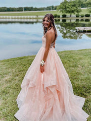 Pink V-Neck Tulle Long Prom Dress Pink Tulle Formal Dress