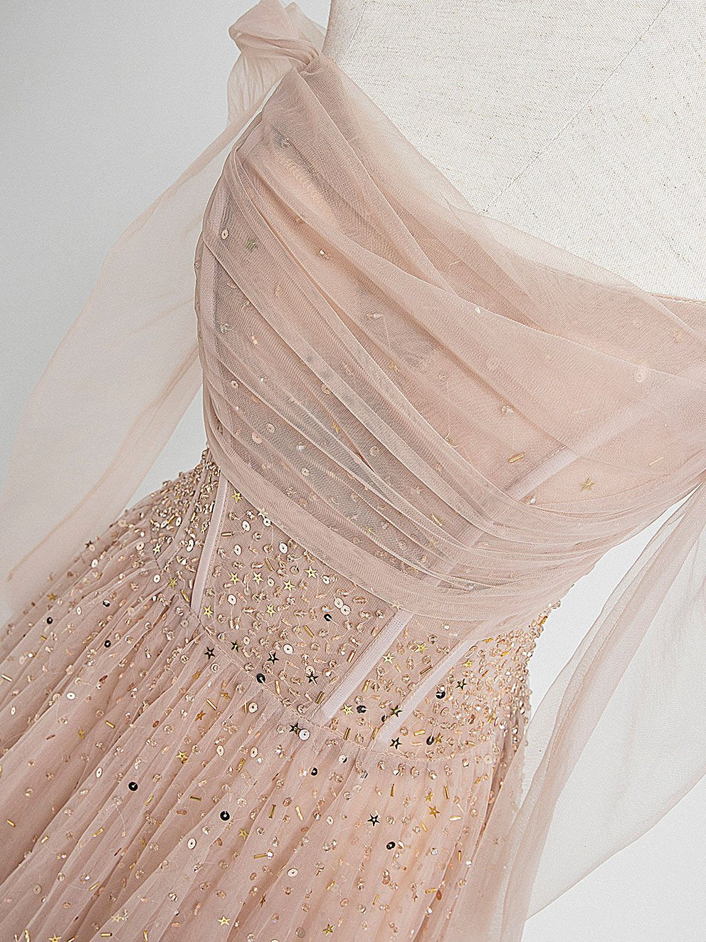 Champagne Tulle Sequin Long Prom Dress Champagne Tulle Formal Dress