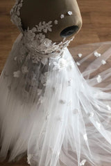 White V-Neck Tulle Lace Long Prom Dress White Tulle Evening Dress