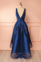 Dark Blue V-Neck High-Low Prom Dress Dark Blue Bridesmaid Gown