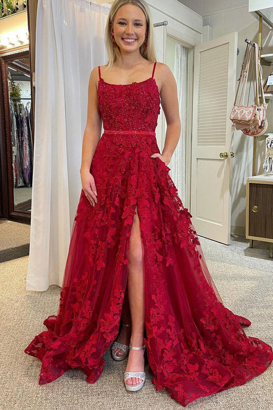 Shana Dressystars ?Cute A Line Scoop Neck Red Lace Prom Dresses with Exquisite Beading