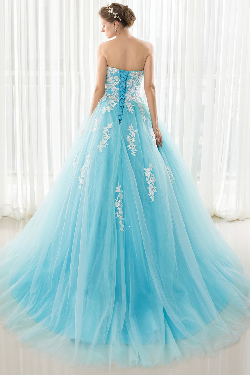 Blue Tulle Lace Appliqu¨¦ Long Prom Dress Blue Evening Dress