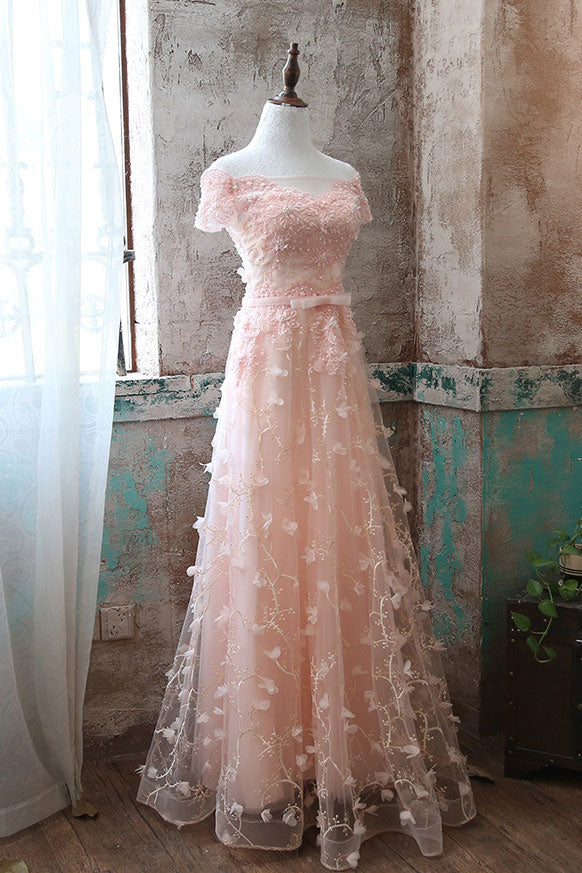 Pink Lace Tulle Long Prom Dress Pink Evening Dress