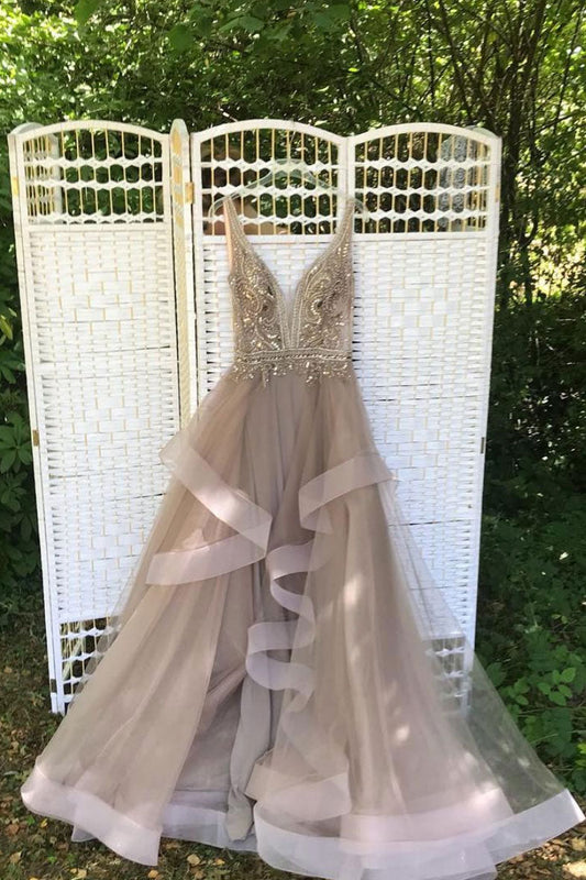 Champagne V-Neck Beaded Tulle Long Prom Dress Evening Dress