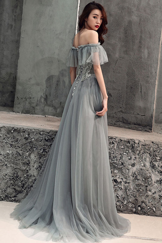 Gray Tulle Lace Long Prom Dress Gray Lace Evening Dress