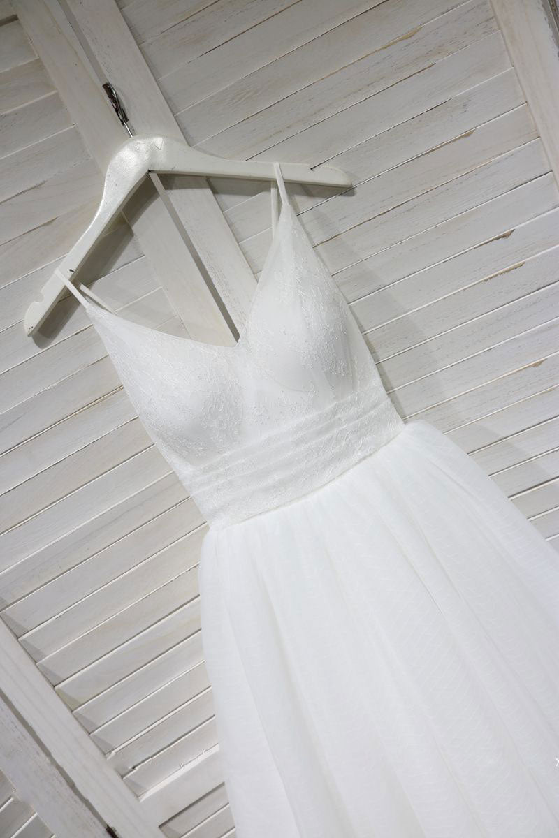 White V-Neck Tulle Lace Tea-Length Prom Dress White Bridesmaid Dress