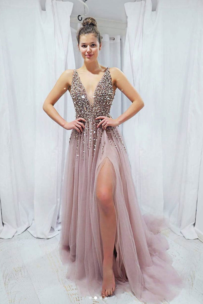 Pink V-Neck Sequin Beaded Long Prom Dress Pink Evening Dress