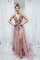 Pink V-Neck Sequin Beaded Long Prom Dress Pink Evening Dress