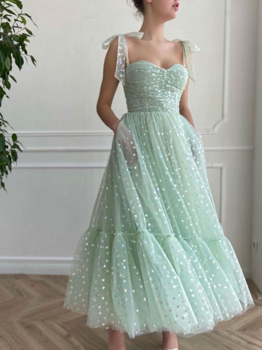 Green Sweetheart Neck Tulle Tea Length Prom Dress Green Bridesmaid Dress