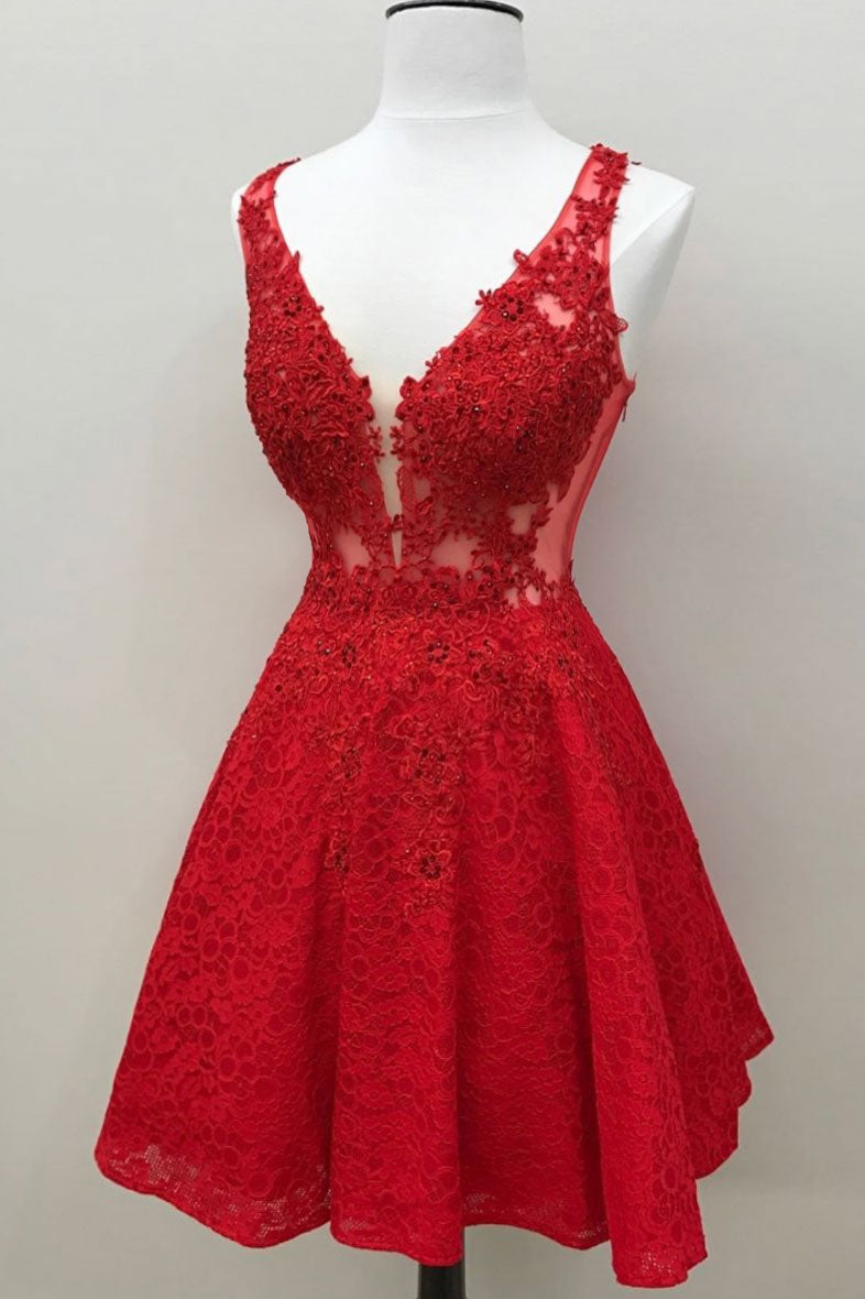 Red V-Neck Lace Short Prom Dress Red Homecoming Dress