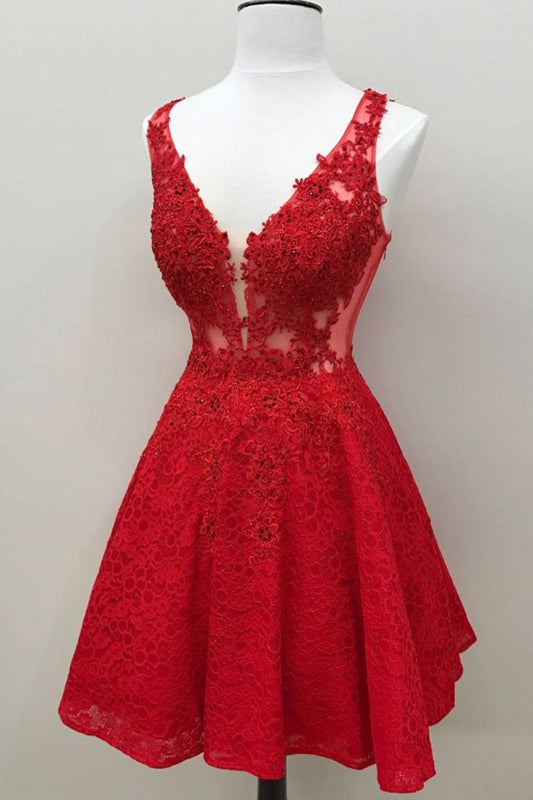 Red V-Neck Lace Short Prom Dress Red Homecoming Dress