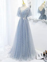 Blue V-Neck Tulle Beaded Long Prom Dress Blue Tulle Formal Dress