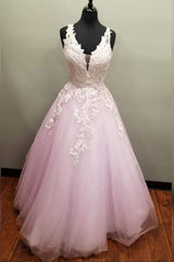 Pink V-Neck Tulle Lace Long Prom Dress Pink Tulle Evening Dress