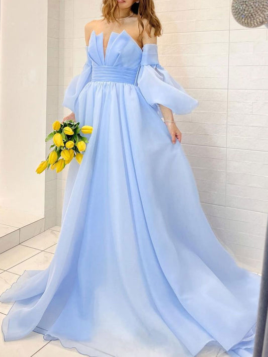 A-Line Organza Blue Long Prom Dress with Puff Sleeves Blue Long Formal Party Dress