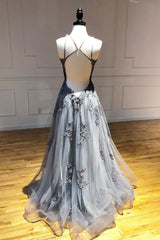 Gray Tulle Lace Long Prom Dress Gray Tulle Evening Gown