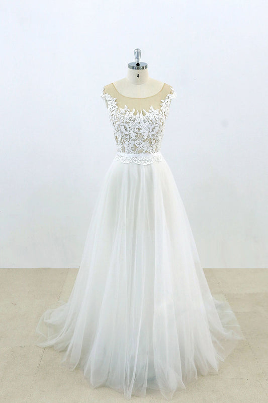 White Round Neck Lace Tulle Long Prom Dress White Lace Wedding Dress