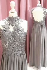 Gray Chiffon Lace Long Prom Dress Gray Lace Long Evening Dress