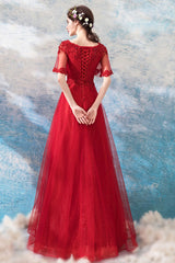 Burgundy V-Neck Tulle Lace Long Prom Dress Burgundy Tulle Formal Dress