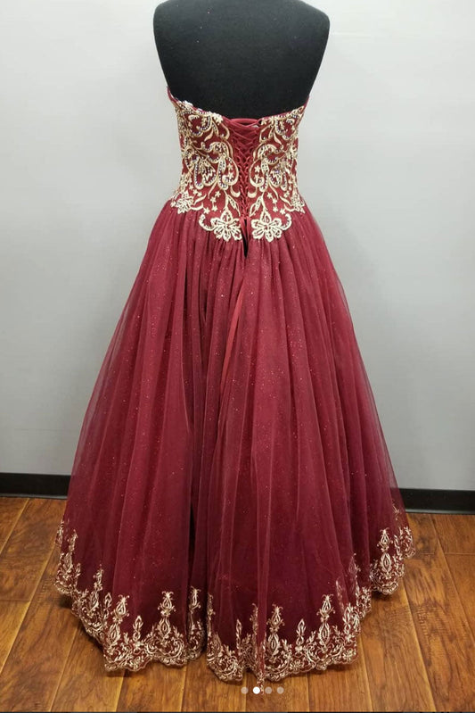 Burgundy Sweetheart Neck Lace Tulle Long Prom Dress Burgundy Evening Dress