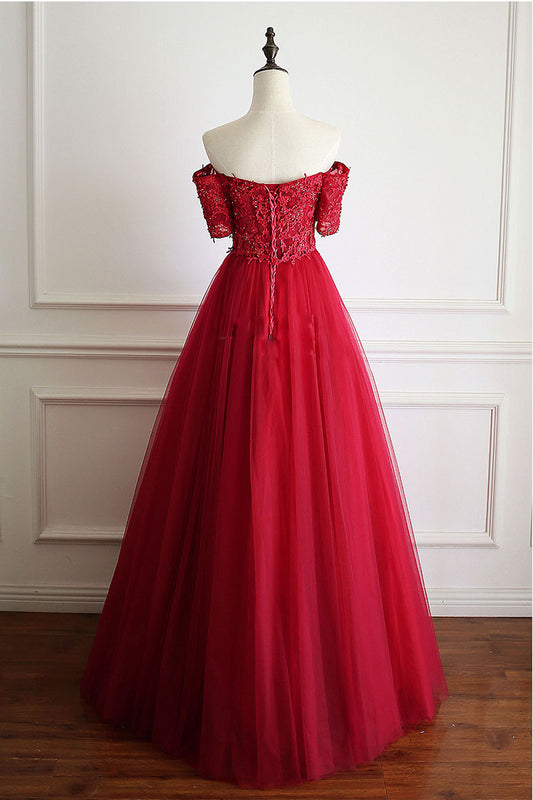 Burgundy Tulle Lace Long Prom Dress Burgundy Tulle Evening Gown