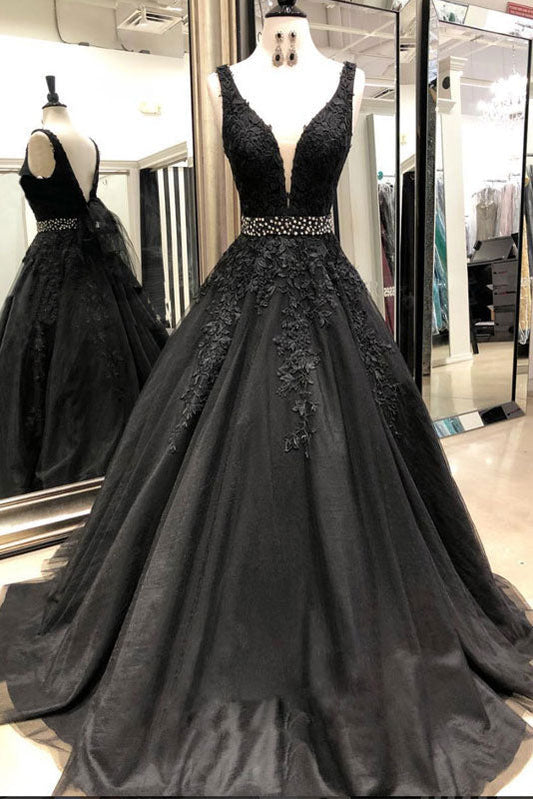 Black V-Neck Lace Tulle Long Prom Dress Black Evening Dress