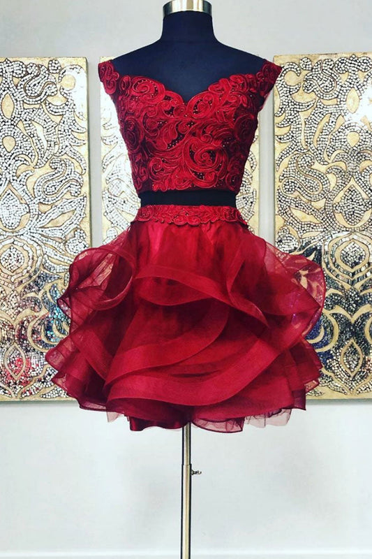 Burgundy Two-Piece Lace Short Prom Dress Burgundy Homecoming Dress