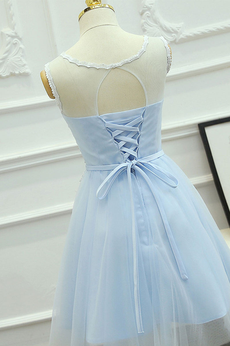 Cute Round Neck Lace Tulle Blue Prom Dress Homecoming Dress