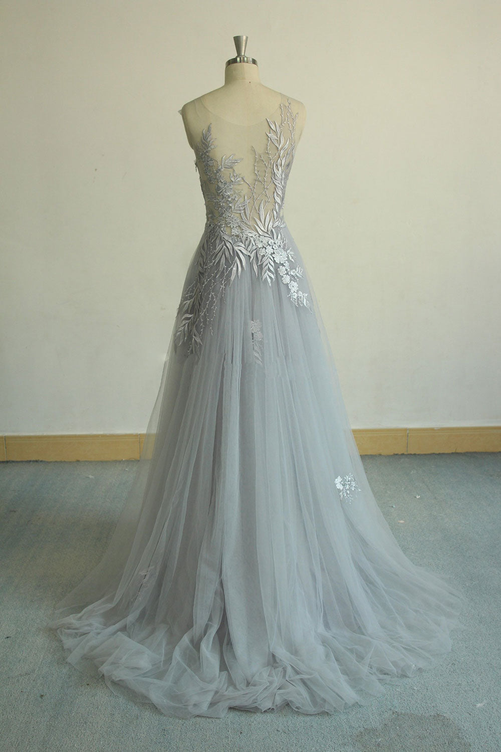 Gray V-Neck Tulle Lace Long Prom Dress Gray Evening Dress