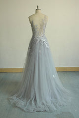 Gray V-Neck Tulle Lace Long Prom Dress Gray Evening Dress