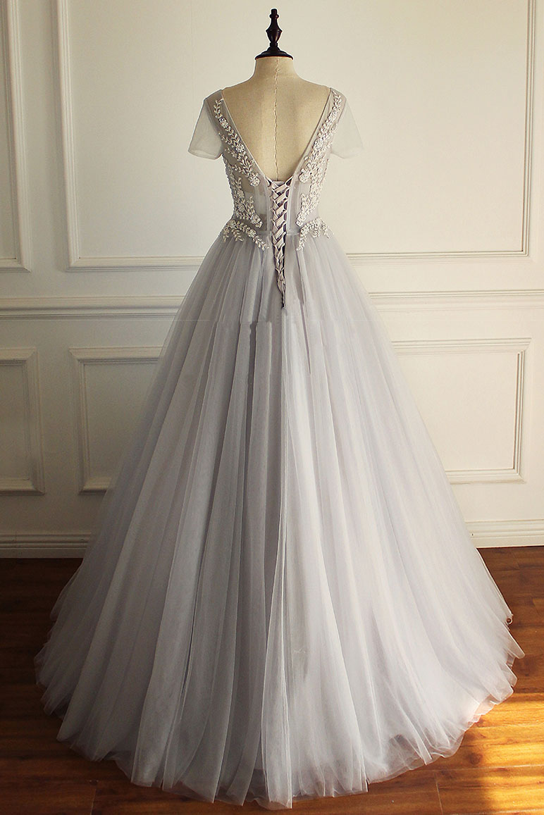 Gray V-Neck Tulle Lace Appliqu¨¦ Long Prom Dress Gray Evening Dress