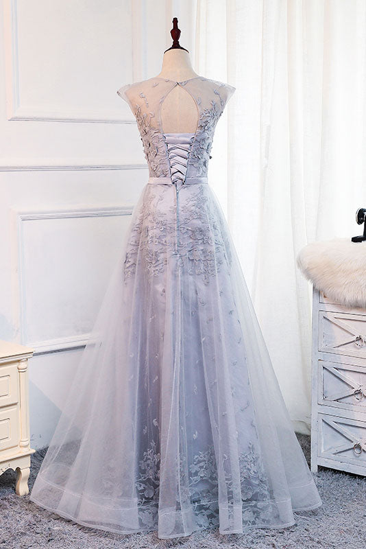 Gray Round Neck Tulle Lace Applique Long Prom Dress Gray Evening Dress