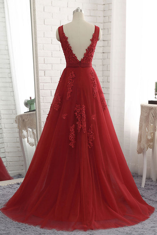 Burgundy V-Neck Tulle Lace Long Prom Dress Burgundy Evening Gown