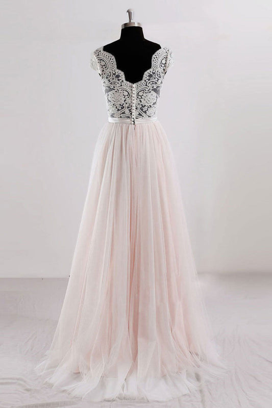 Champagne V-Neck Lace Tulle Long Prom Dress Champagne Tulle Evening Dress