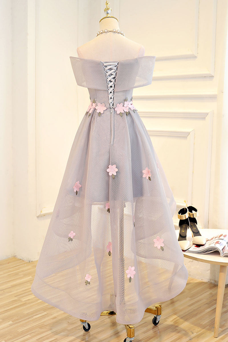 Gray Applique High Low Prom Dress Gray Evening Dress