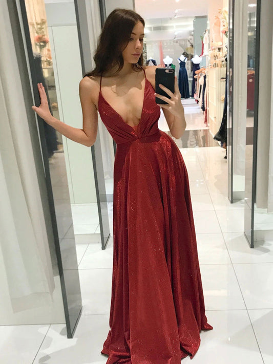 Simple V-Neck A-Line Long Prom Dress Burgundy Evening Dress