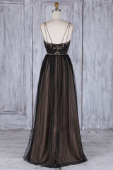 Black V-Neck Lace Tulle Long Prom Dress Black Bridesmaid Dress