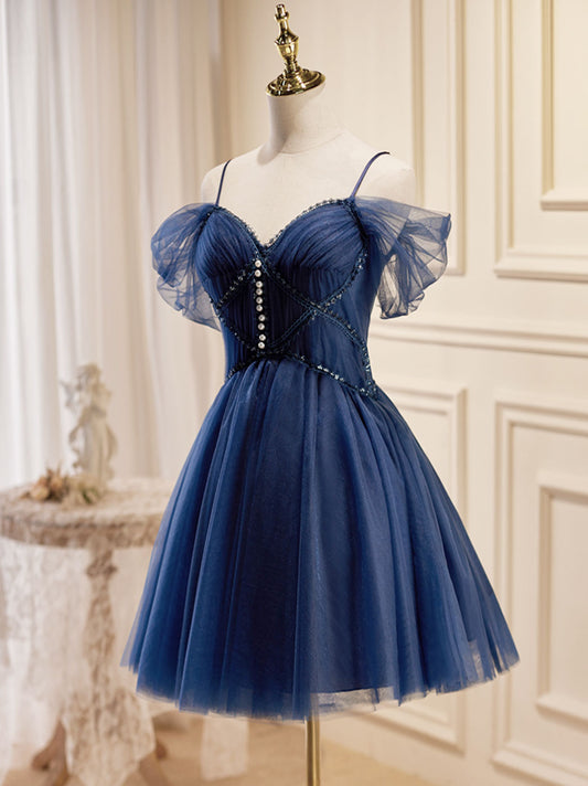 Dark Blue V-Neck Tulle Short Prom Dress Blue Homecoming Dress