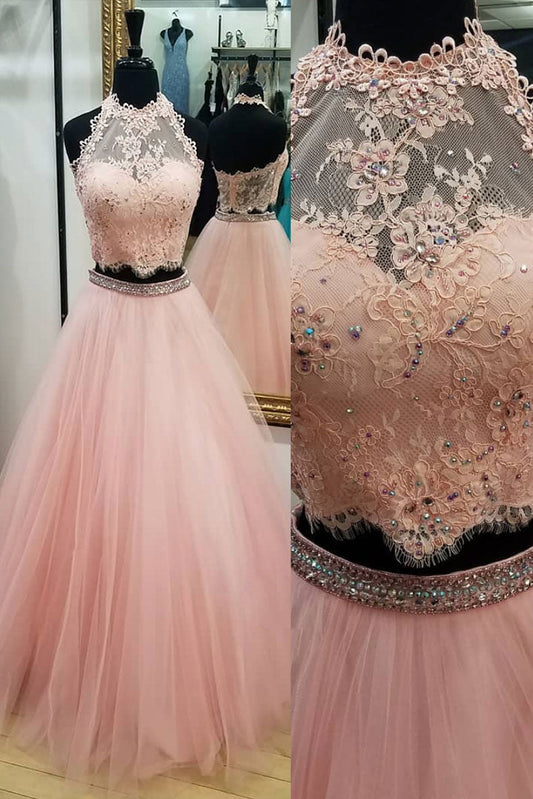 Pink Tulle Two-Piece Lace Long Prom Dress Pink Tulle Evening Gown