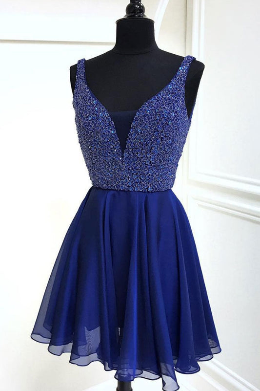 Blue V-Neck Chiffon Short Prom Dress Blue Homecoming Dress