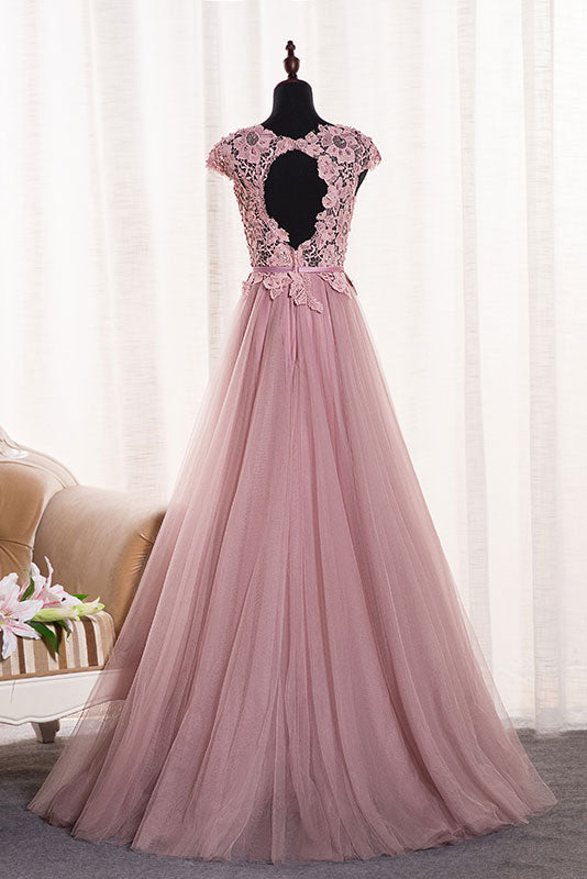 Pink Round Neck Tulle Lace Appliqu¨¦ Long Prom Dress Tulle Evening Dress