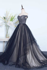 Black Off-Shoulder Tulle Long Prom Dress Black Evening Dress