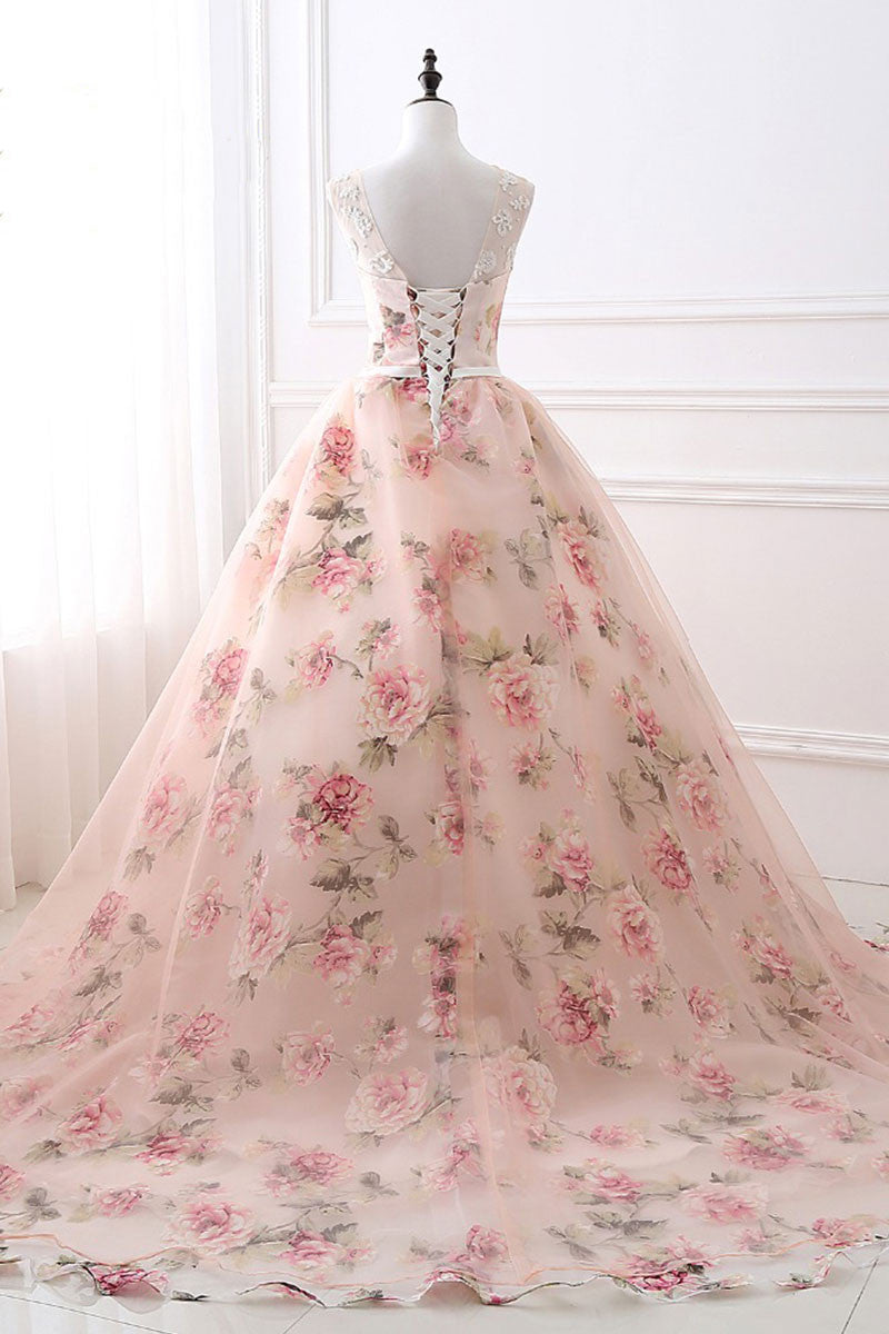 Unique Round Neck Printing Long Prom Gown Evening Gown