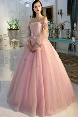 Pink Off-Shoulder Tulle Long Prom Dress Sweet 16 Dress