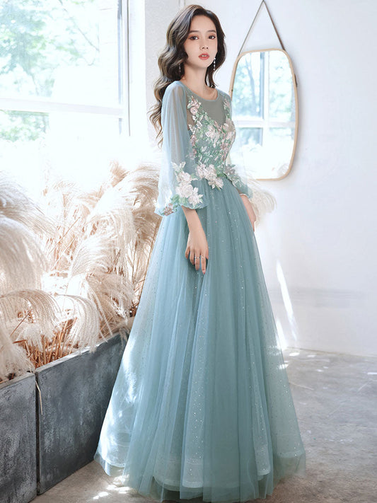 Green Tulle Lace Tea Length Prom Dress Green Tulle Formal Dress