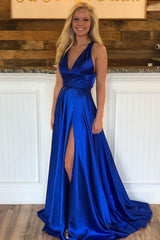 Simple V-Neck Blue Satin Long Prom Dress Blue Formal Dress