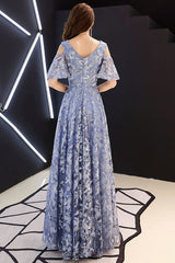 Blue V-Neck Tulle Lace Long Prom Dress Blue Lace Formal Dress