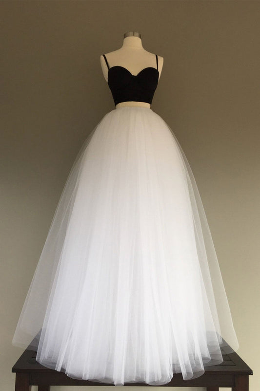 Simple White/Black Tulle Two-Piece Long Prom Dress Evening Gown