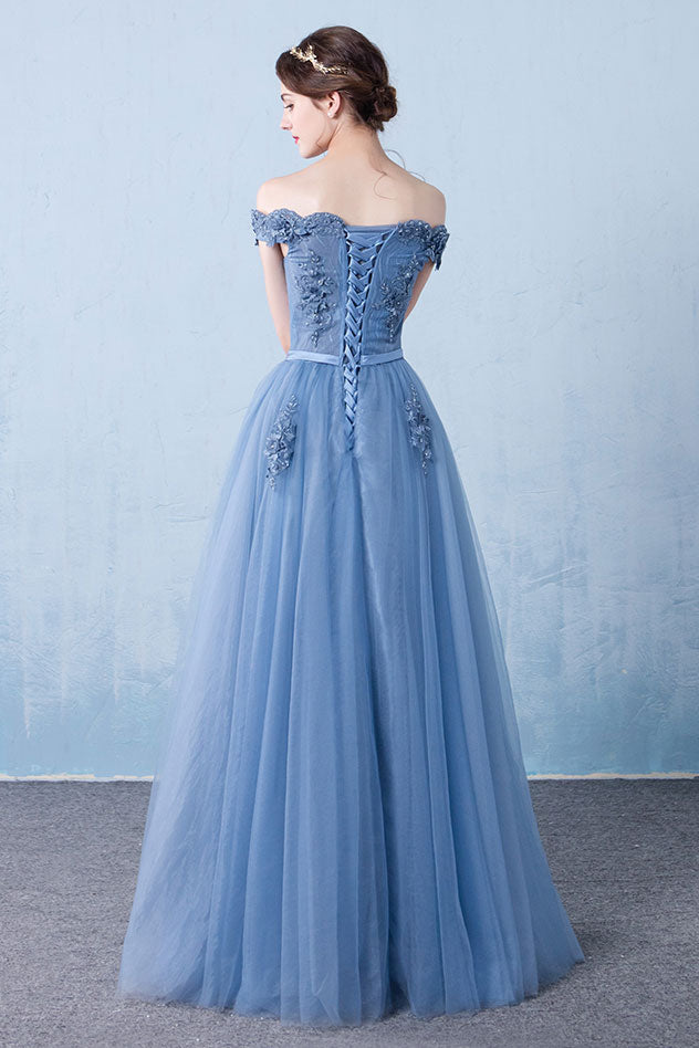 Blue Off-Shoulder Lace Tulle Long Prom Dress Blue Lace Bridesmaid Dress