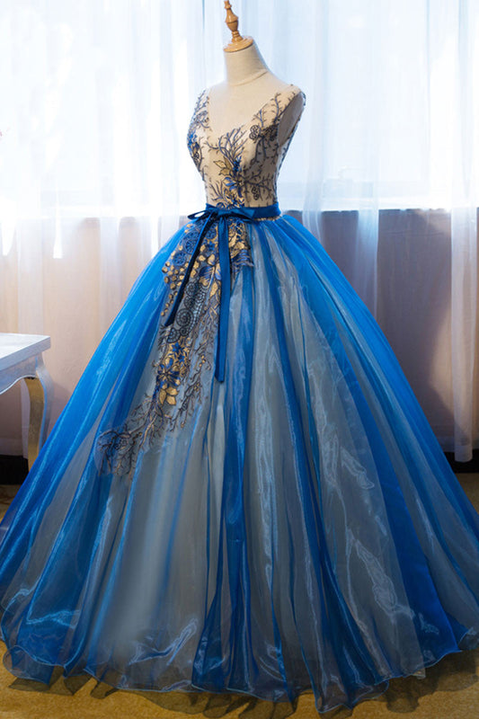 Unique V-Neck Blue Embroidery Long Prom Dress Sweet 16 Dress